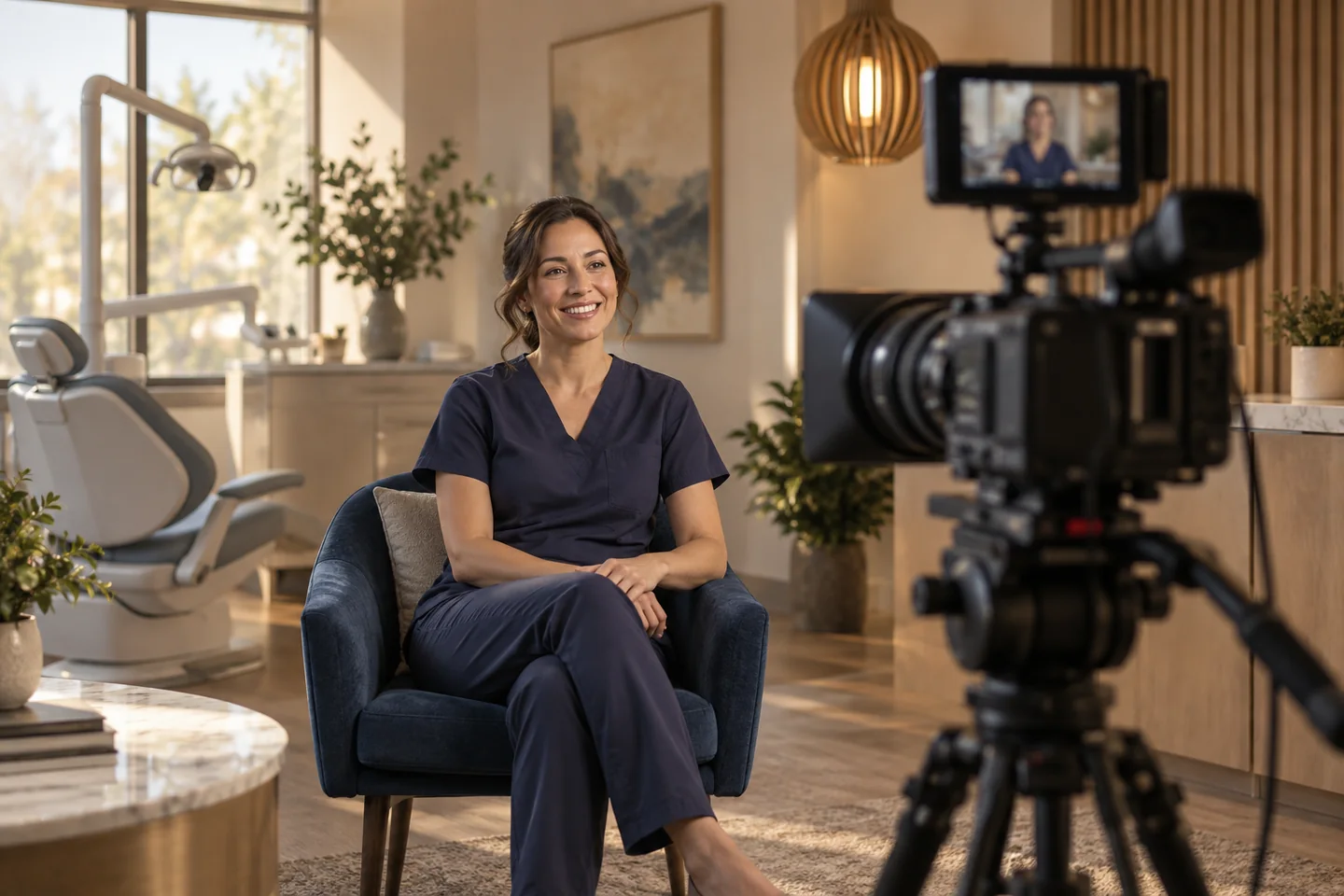 Illustrative creative-production scene with a dental professional being filmed inside a modern dental practice